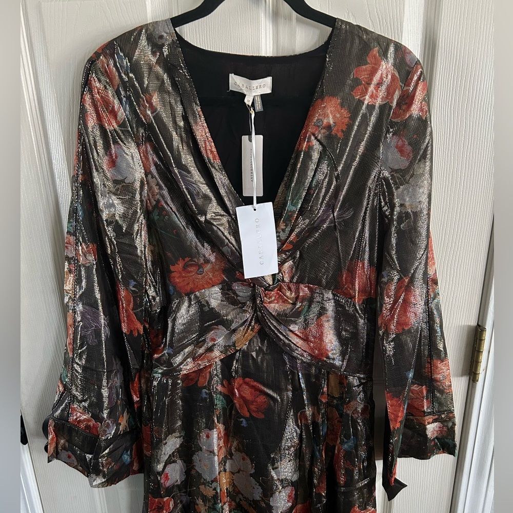 Anthropologie Caballero NWT Metallic Floral Maxi Dress Long Sleeve Sz Med Shiny - Picture 4 of 16